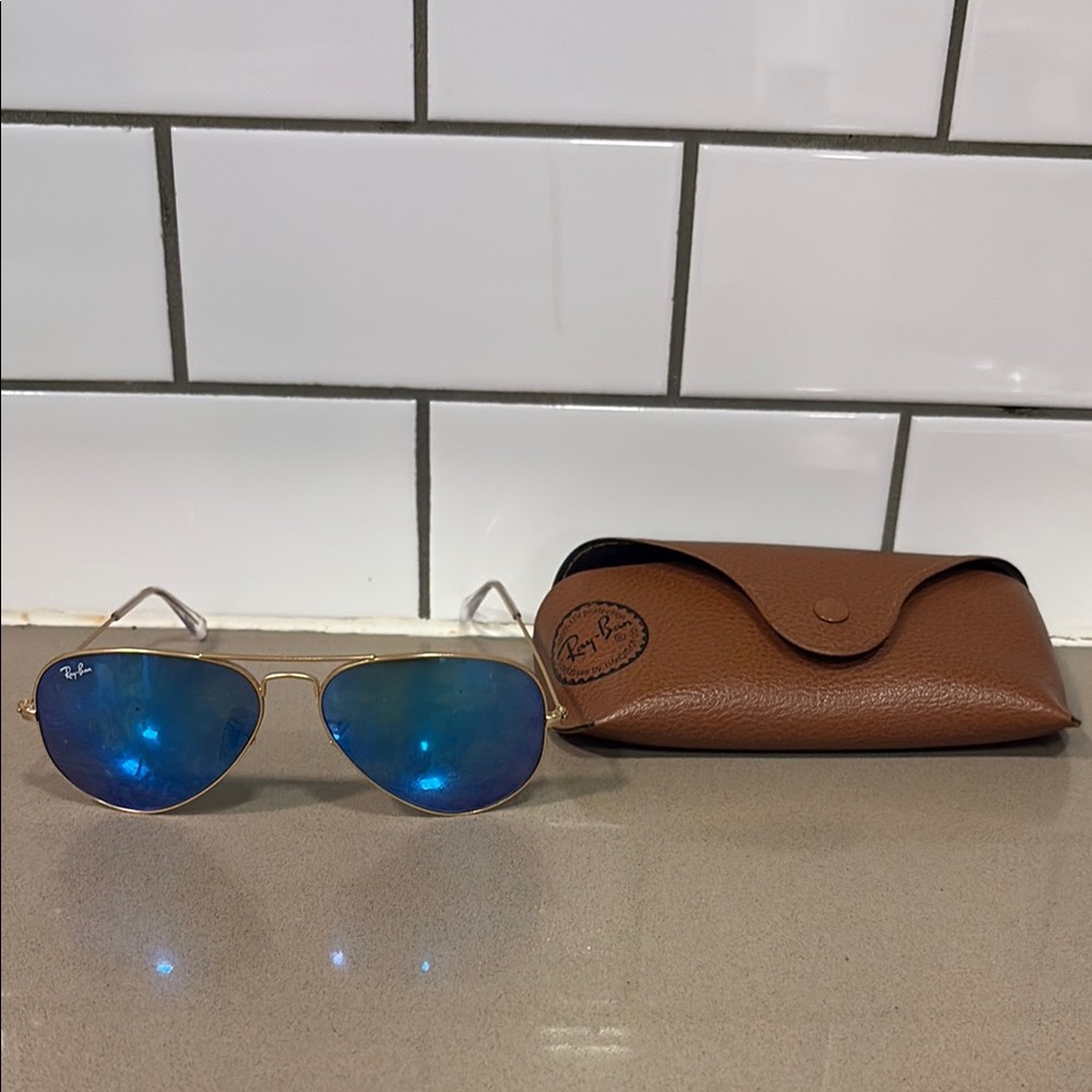 Ray-Ban Gold Frame Sunglasses with Blue Lenses